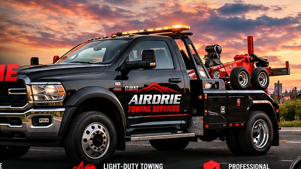 Airdrie Towing Services light-duty wrecker truck at sunset